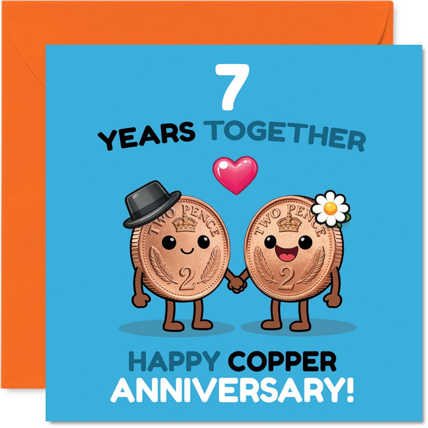 Playful 7th Anniversary Card - Cheers to Seven Years - Adorable Cartoon Coins Holding Hands - Playful Copper Anniversary Keepsake - 145mm Square, Envelope Included