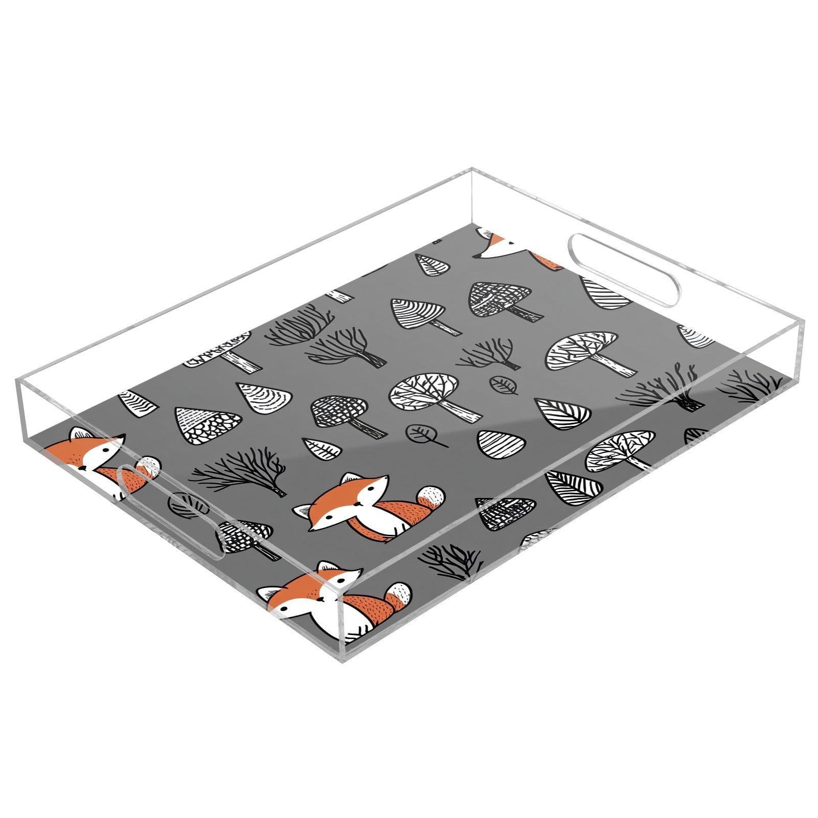 BOESI Doodle Cute Fox Pattern Acrylic Decorative Dining Tray, Acrylic Decorative Tray Organizer with Handle for Kitchen, Dining Room, Bathroom, Dresser