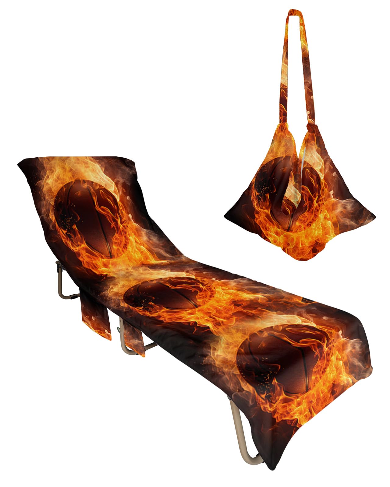 Basketball Beach Lounge Chair Towel Cover, Soft Chaise Lounge Towel with Side Pockets Patio Pool Chairs Cover for Beach/Pool Sunbathing 29x85 Basketball Modern Abstract Art Flame