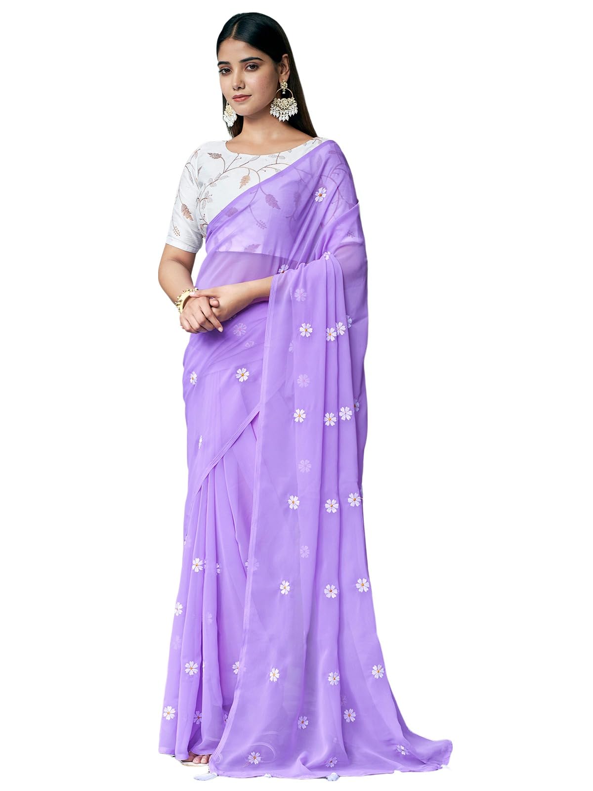 Satrani Women's Georgette Embroidery Saree With Unstitched Blouse Piece (3607S123N_Lavender)
