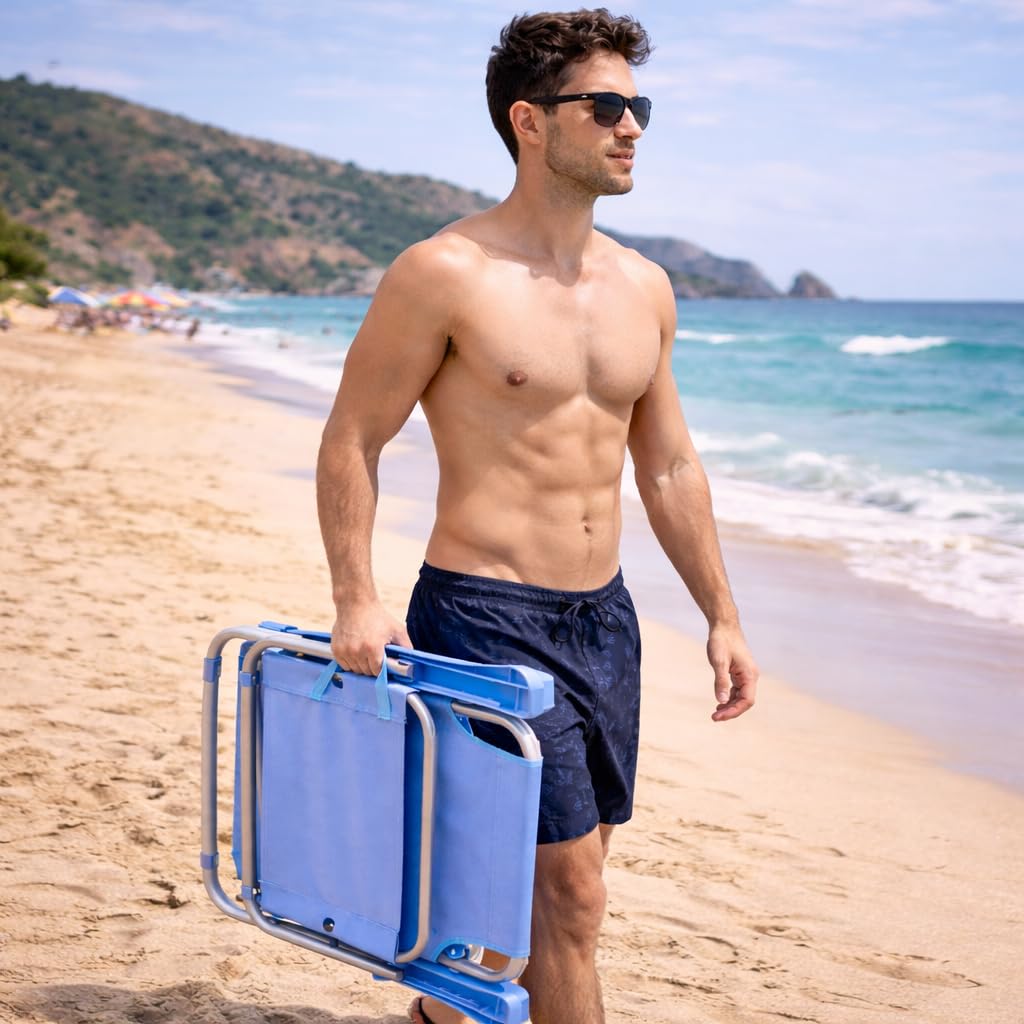T-LOVENDO.ES Pack de 2 Sillas de Playa Reclinables Plegables con Reposacabezas | Sillas Portátiles para Jardín, Camping, Piscina, Terraza | Estructura de Acero Ligera y Tela Transpirable Resistente