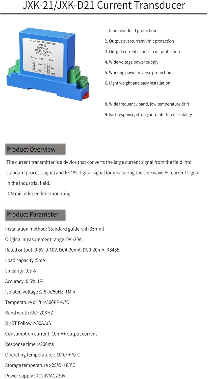 DC24V AC DC Current Transmitter 4-20mA 0-10V 0-5V RS485 35mm Rail Current Transducer 0-1A 0-2A 0-5A 0-10A AC DC Current Sensor(Input AC 0-3A)