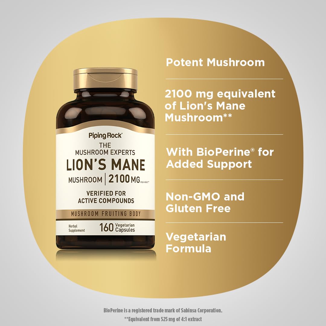 Piping Rock Lions Mane Mushroom Supplement Capsules | 160 Pills — Amazon image 4