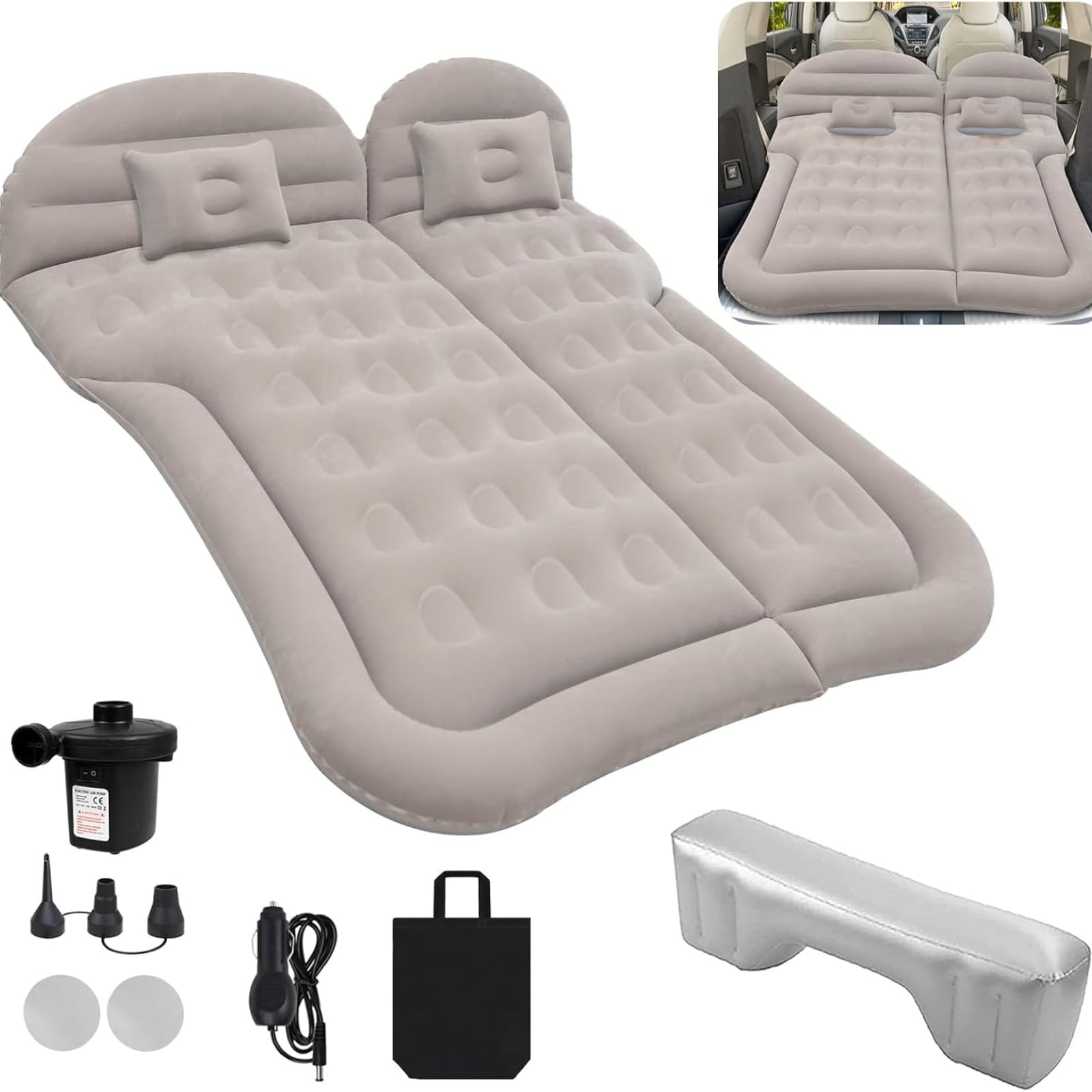 Materasso ad aria per auto, con pompa ad aria e 2 cuscini, universale, per bagagliaio e SUV, campeggio, viaggi, esterni, 175 cm x 130 cm, grigio
