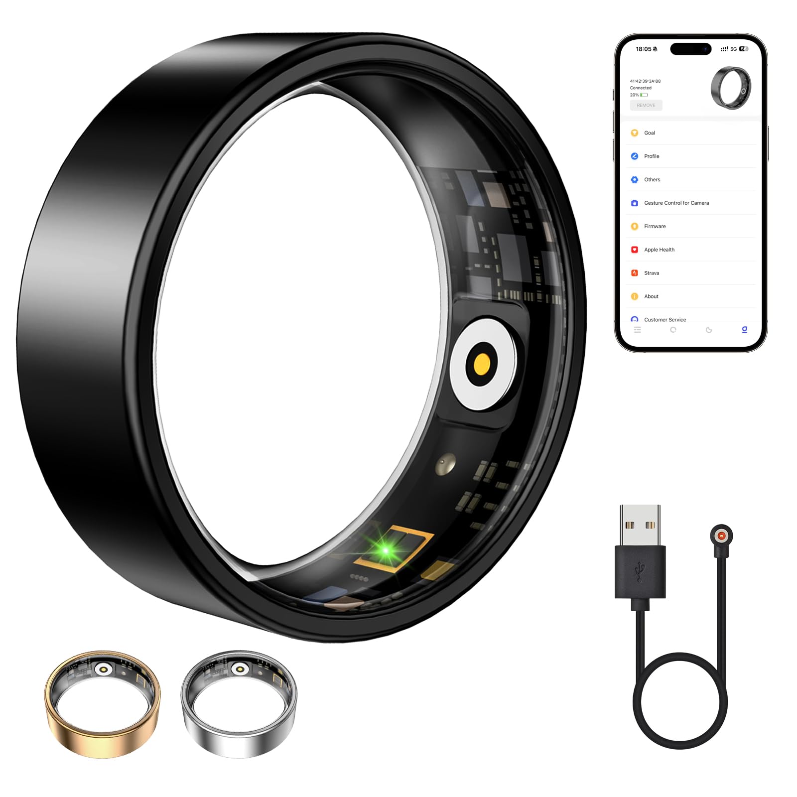 Smart Ring for Women &amp; Men, Fitness Tracker with Heart Rate, Sleep Monitoring, Long-Lasting Battery, No Subscription Fee, IP68 Waterproof Sleep Ring (Black, 6)