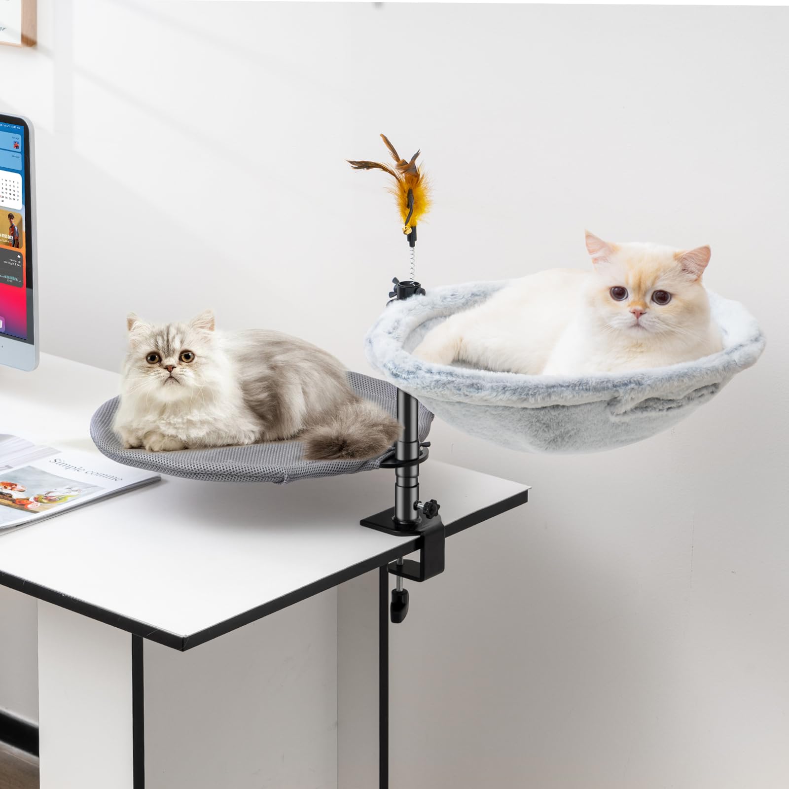 Uross Cat Desk Bed- Double Layers Adjustable Height& 360 Rotation Cat Desk Perch Mount for Office and Game Tables, Attachment Desktop Bed with 2 Washable Covers, Soft Rabbit Fur& Breathable Mesh -Grey — image 1