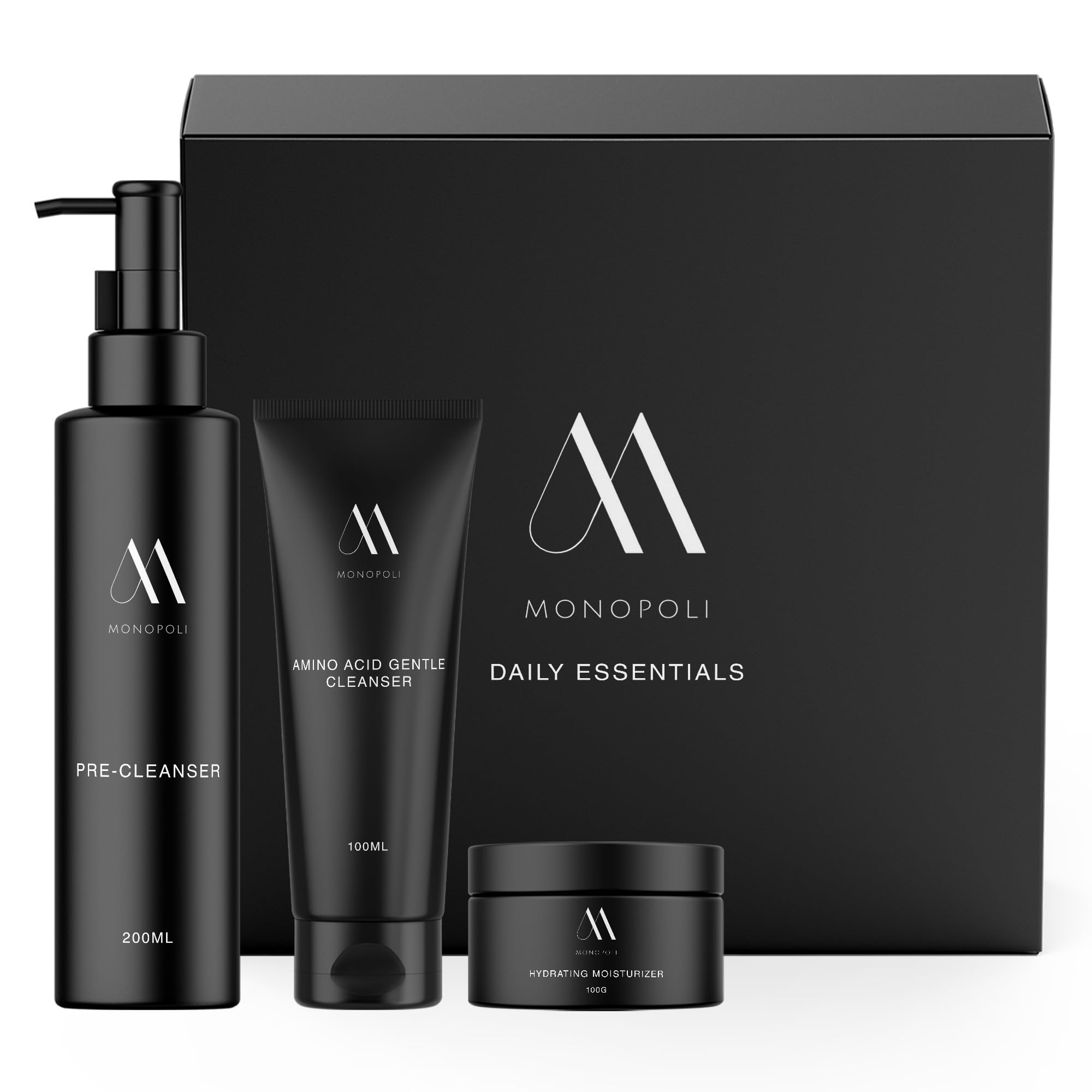Monopoli Skin Daily Essentials Kit | 3-Piece Skincare Set with Pre-Cleanser, Amino Acid Gentle Cleanser & Hydrating Moisturizer | Essential Collection for Radiant Skin | Essentials for Women & Teens