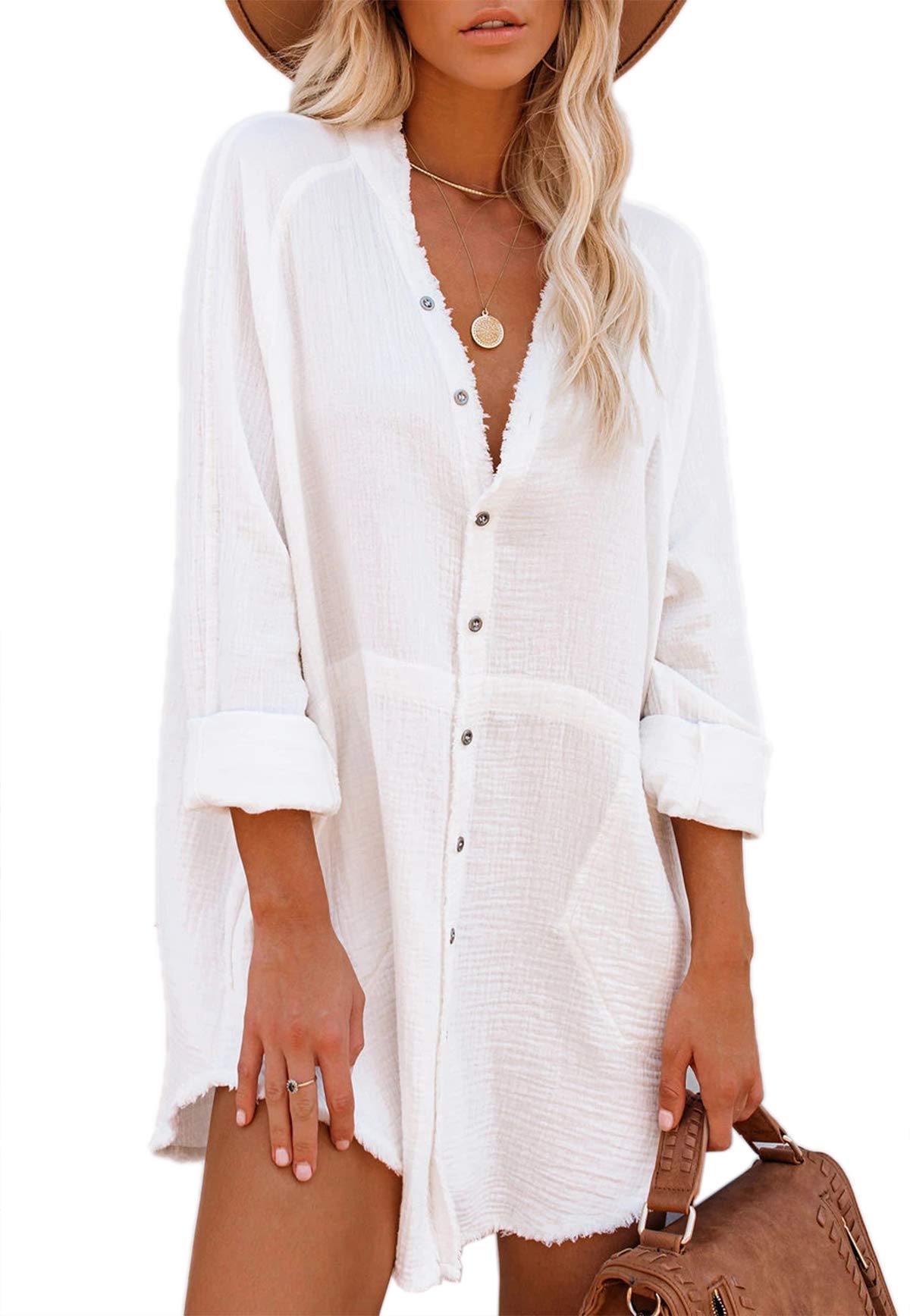 iGENJUN Womens Fall Tops Fall Shirts for Women 2022 Trendy Button Down Oversized t Shirts for Women with Pockets,XL,White