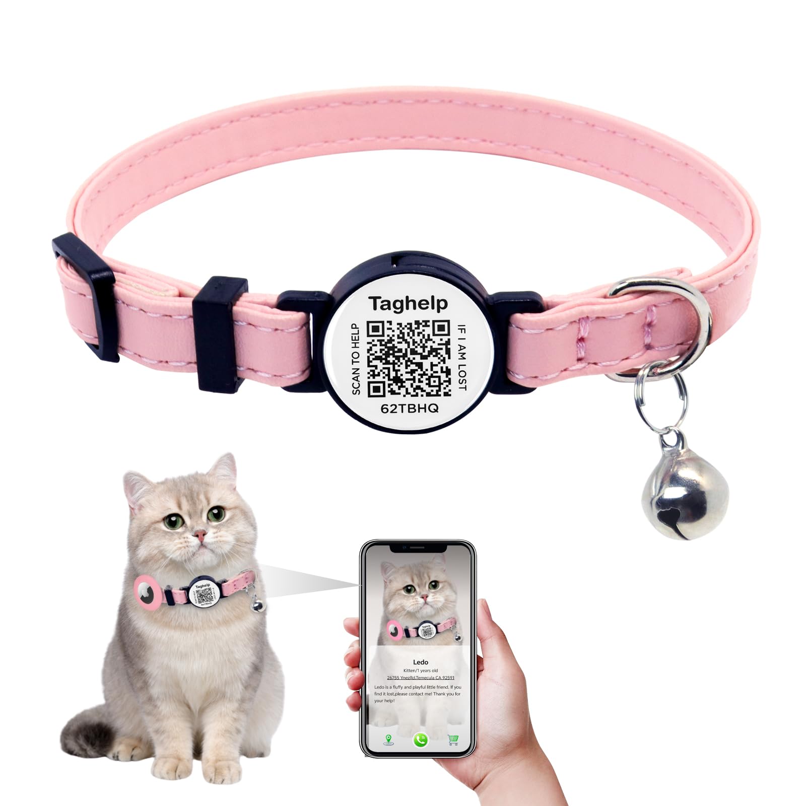 Leather Collar with Bell Leather Kitten Collar Cat Collar with Safety Buckle for Boy Cats, Girl Cats with Safety Elastic Strap Cute Pet Collars for Small Cat Kitten Puppy (Pink)