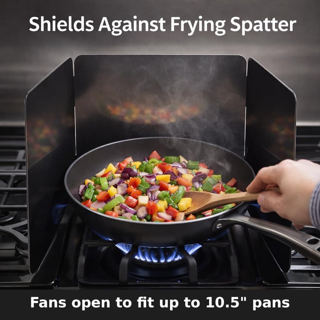 HIC Kitchen 3-Sided Splatter Guard, Non-Stick Carbon Steel, Heat Safe, Set of 2, Folds Flat For Storage, Fits Up To 10.5-Inch Pans And Bowls