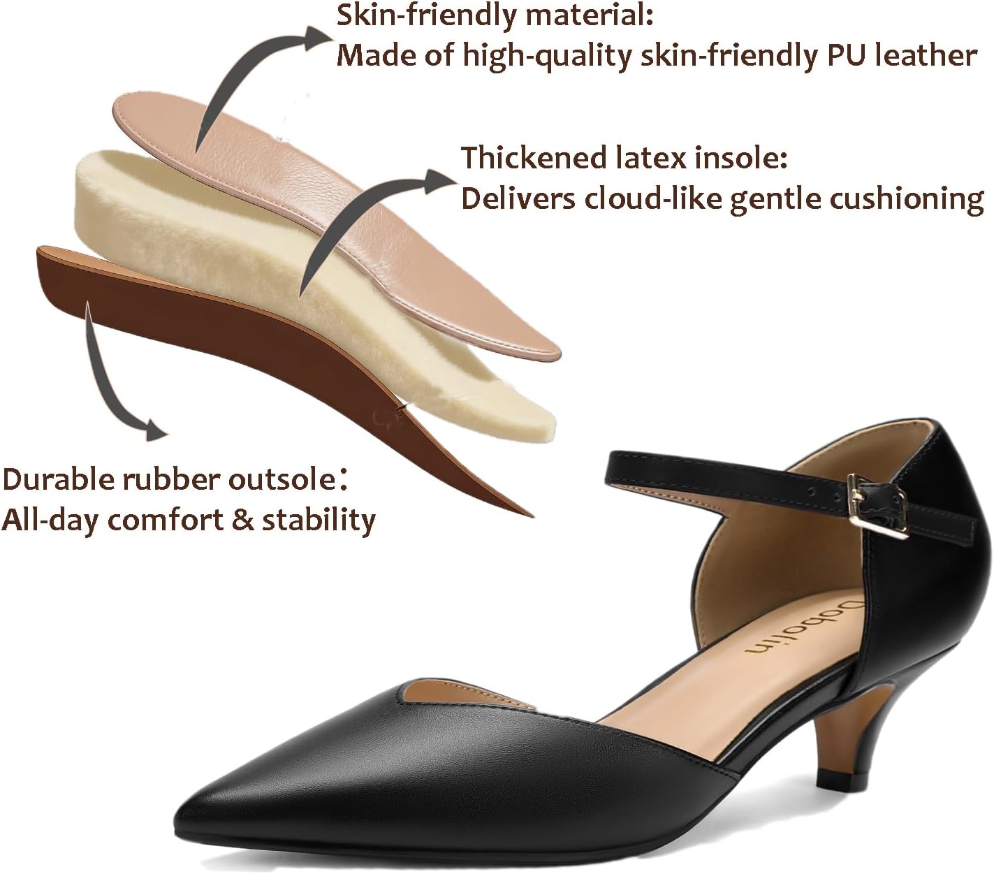 Comfort Kitten Heels Pumps for Women Low Heels Ankle Strap Elegant Pointed Closed Toe Dress Dance Shoes for Party Wedding