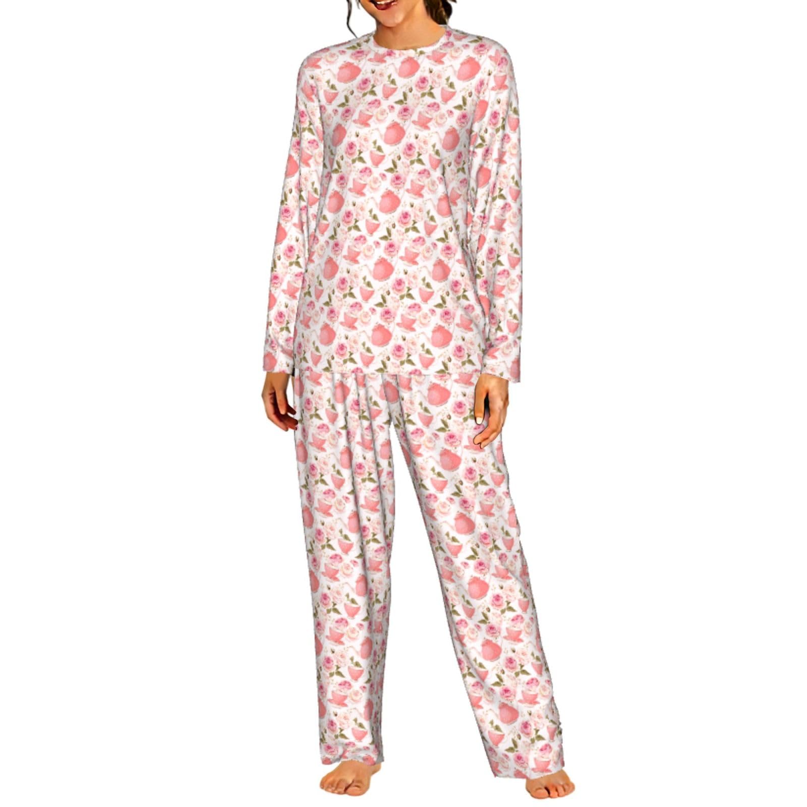 Tazze da tè con rose romantiche stampe shabby da donna a maniche lunghe set pigiama coordinato elastico in vita perfetto vacanza mamma per regalo