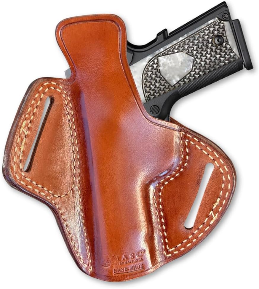 Masc Premium Leather OWB Pancake Holster with Sweat Guard On The Back, Fits Browning 1911-380/22LR Compact Non-Railed Black Label 3.62-inch, Right Hand Draw, Brown Color #1348#