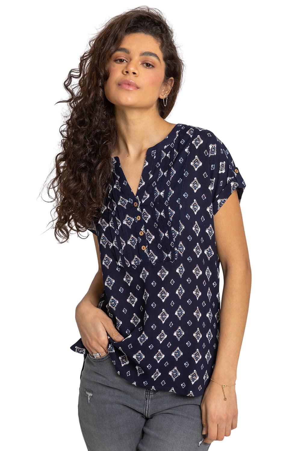 Roman Originals Women's Navy Ivory V-Neck Top For Uk - Buttoned Short Sleeve Blouse Shirt T-Shirt Everyday Holiday Summer Casual Smart Office Work Casualwear Leisure Party
