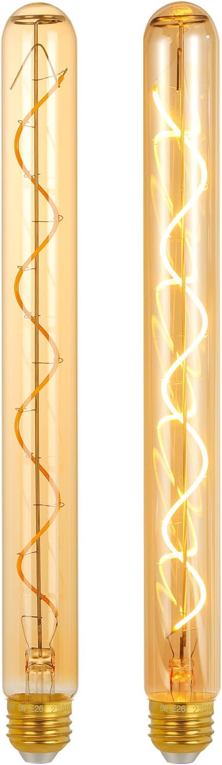 E26 T10 12 Inch Long Tubular LED Edison Bulbs, 6W(60W Eqv) 120V, 2200K Ultra Warm Candlelight, Dimmable, Spiral Filament, Amber Glass, 1 Ft Long Bulbs Tube, Vintage Decorative Lighting, 2 Pack