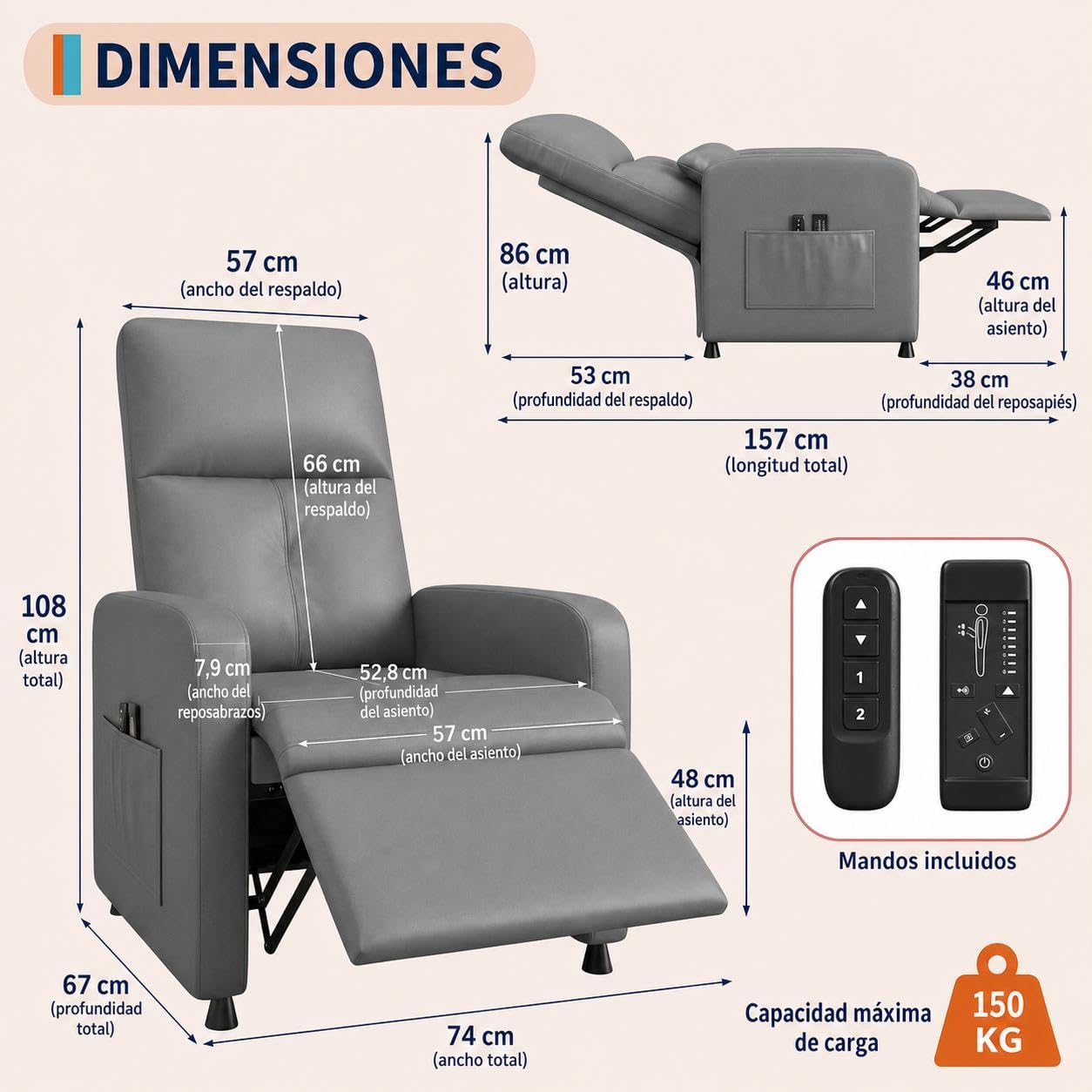 GarveeHome Sillón Relax Reclinable Eléctrico con Masaje y Calor | Respaldo alto ergonómico, Tapizado en piel sintética PU, Asiento acolchado, soporte lumbar, Puerto USB y bolsillos laterales