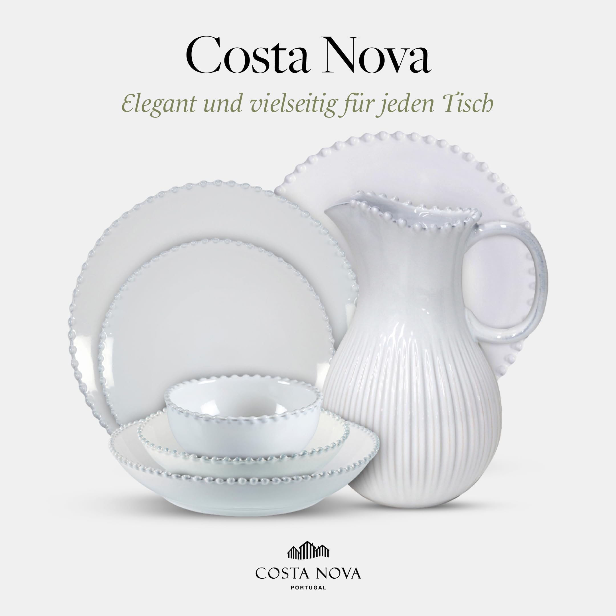 Costa Nova Salatschale Pearl: Steinzeug-Servierschüssel mit glänzender Glasur, Handgemalter Rand, Spülmaschinen-, Mikrowellen-, Ofen- & Gefrierfest, Stapelbar, Handveredelt, Weiß, Ø 34,1 cm