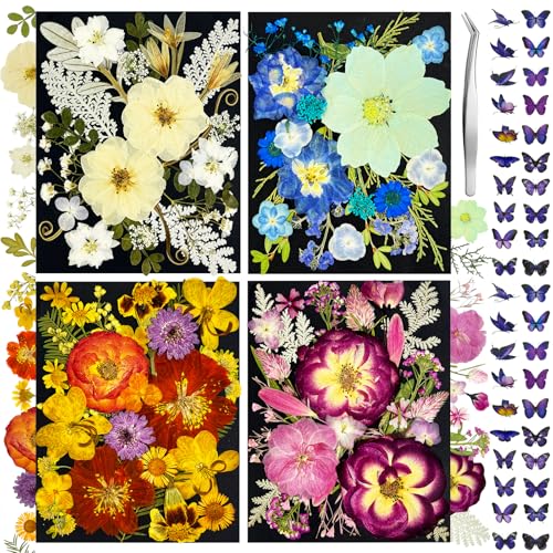 Image of 142Pcs Dried Flowers, Dried Pressed Flowers for Crafts, Natural Dried Pressed Flowers for Resin with DlY Butterfly Stickers&Tweezers for Photo Frames, Scrapbooks, Candles, Jewelry Making, Resin Molds