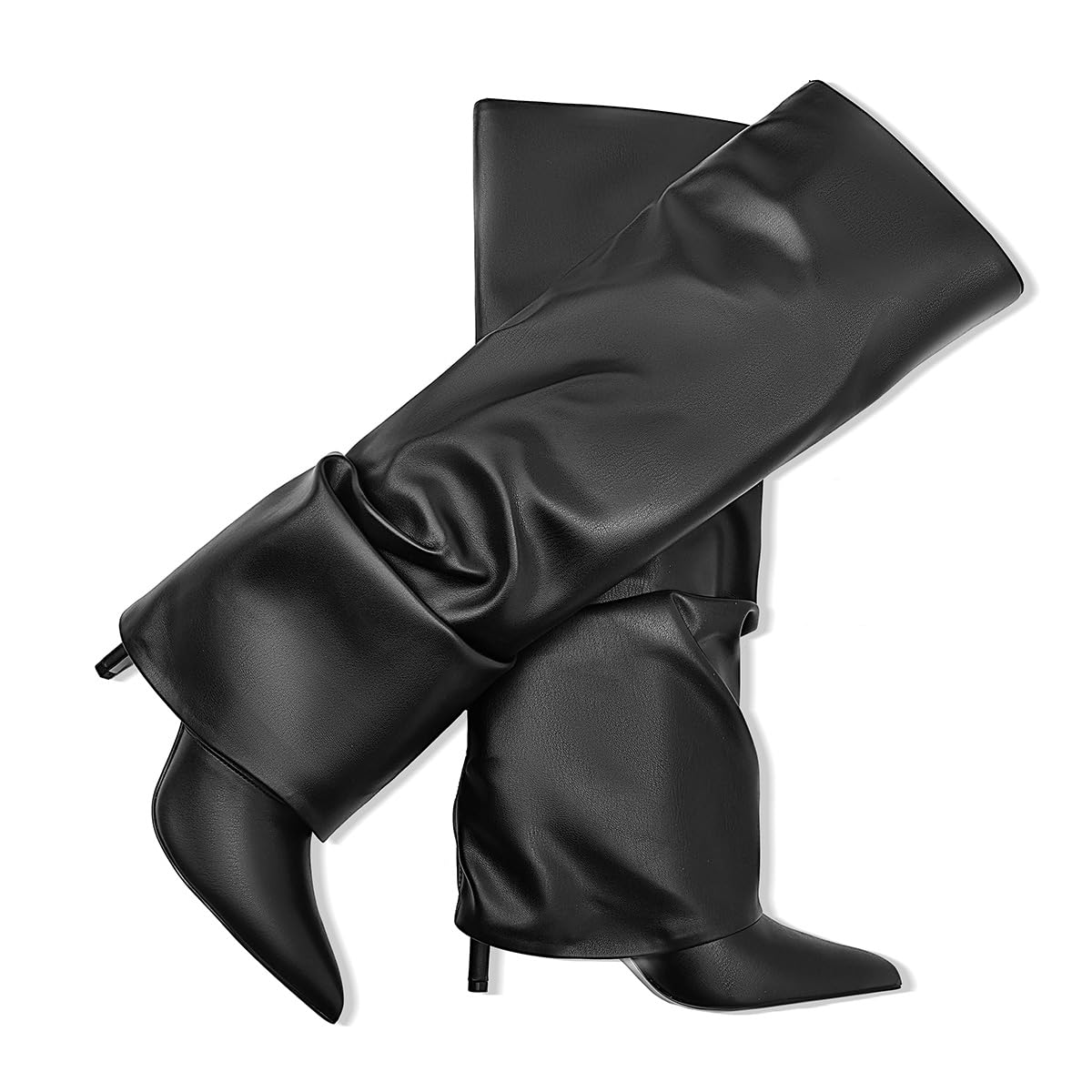 MOTIMODEN Women's Knee High Boots Fold Over High Heel Pointed Toe Black White Long Boots Women Dress Tall Boots for Women