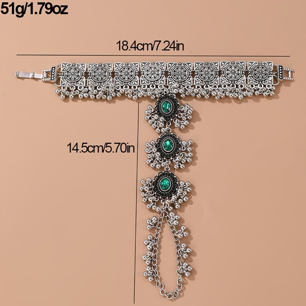Vintage Bollywood Ethnic Finger Ring Bracelet for Women Green Crystal Turquoise Beaded Ball Adjustable Chain Link Harness Slave Wrist Hand Bracelets Rings Boho Indian Oxidized Jewelry Gifts - Image 2