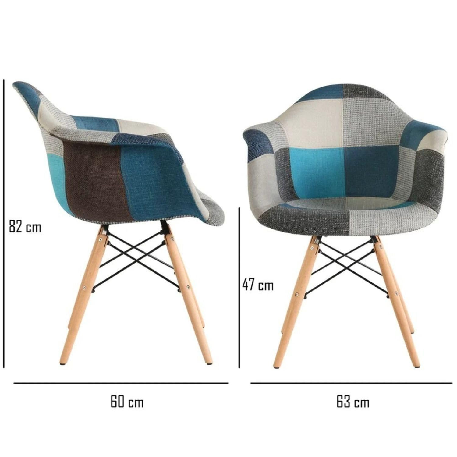 buybuy Poltroncina Serie Picasso in PP con Seduta Imbottita in Spugna Rivestita in Stoffa Stile Patchwork Cucita a Mano, Piedi in Faggio e Metallo, Colori Freddi PIC015