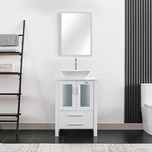 Miniatura 2 de eclife Combo de tocador y lavabo de baño de 24 pulgadas, blanco pequeño, con fregadero cuadrado de cerámica blanca y grifo de ahorro de agua de 1.5