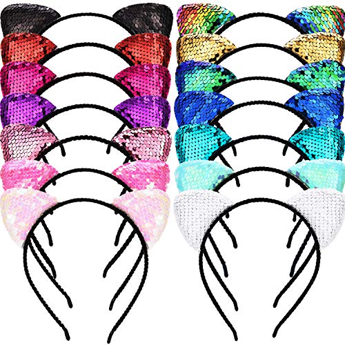 Blulu 14 Pieces Cat Headband Glitter Cat Ears Headband Shine Sequins Cats Hair Accessories for Women and Girls, 14 Colors