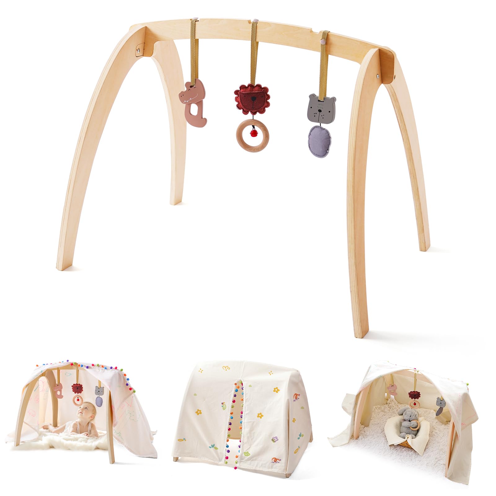 Promise Babe Spielbogen Baby Holz für Babies Spieldecke Mit Bogen Play Mat for Babies Spielbogen Babies Holz Gym Animal Pendant Tent Set