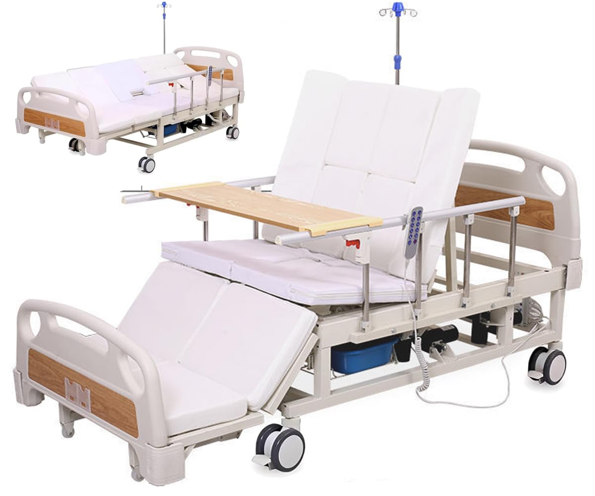 10-Funktionen-Voll‑elektrisches Pflegebett mit Seitenneigung, Krankenhausbett mit Matratze, Verstellbaren Seitengittern, Esstablett, Infusionsständer, Bettpfanne, Feststellrollen, Tragkraft bis 250 kg