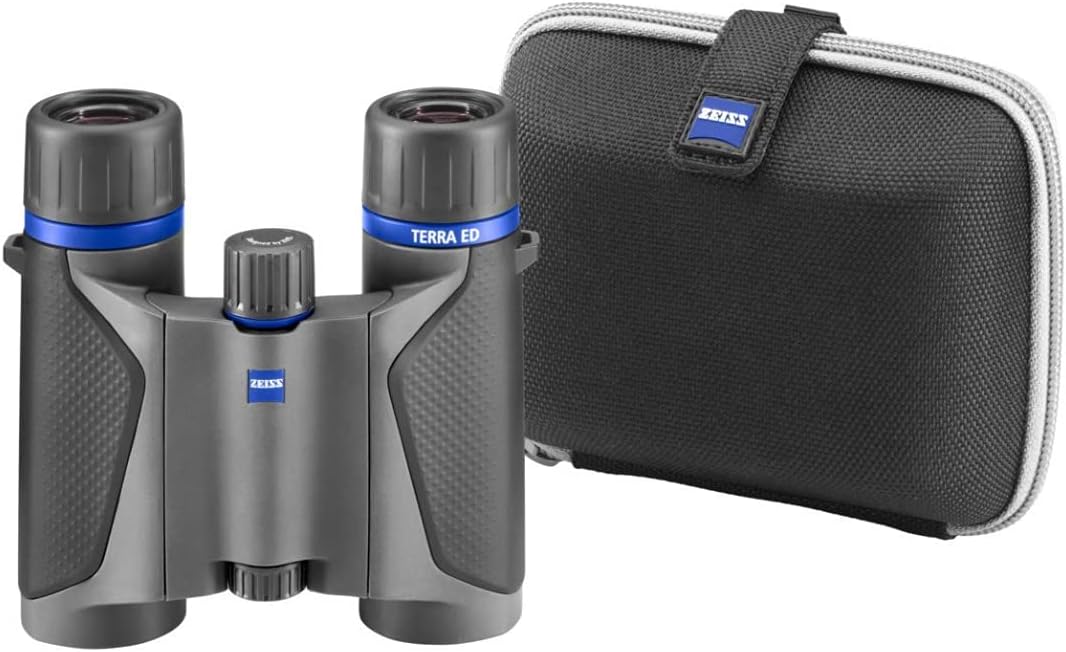 ZEISS Terra ED 10x25 binoculars shown next to their protective carrying case.