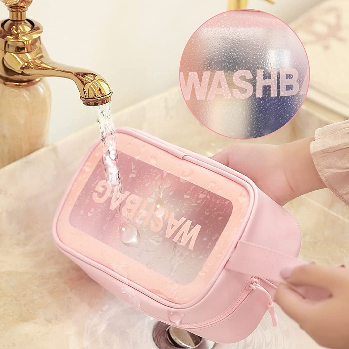 SKYTONE Makeup Pouch Travel Toiletries Organizer Cosmetic Bags Portable Organizer Bag Carry Pouch for Women Bathroom Set of 3 (Pink) 4