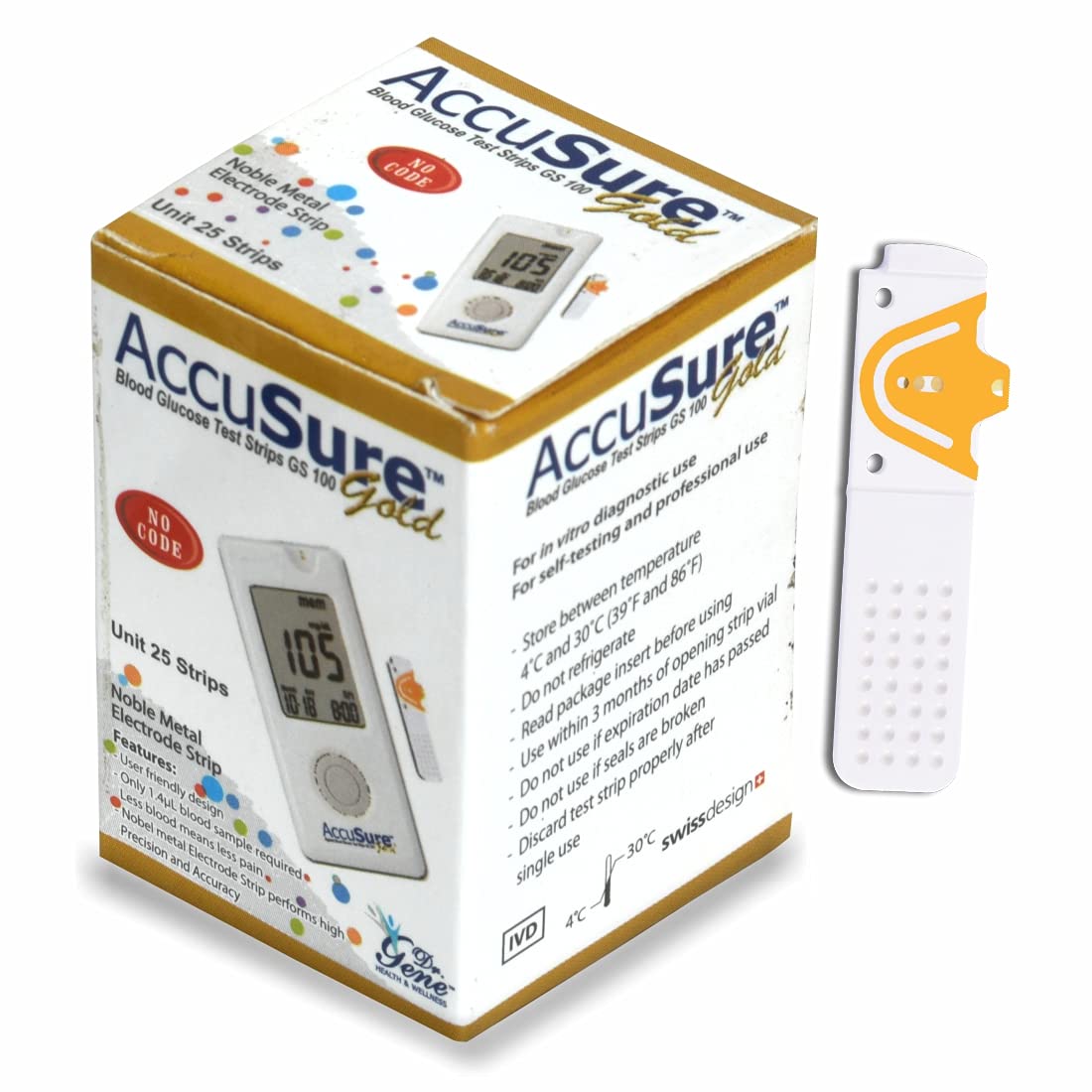 AccuSure Gold Glucometer Test Strips, Pack of 1 | 25 Glucometer Strips