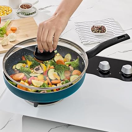 Borosil ProChef Non-Stick Deep Pan with Lid 22 cm | Gas Stove Compatible, Thick Uniform Body for Even Heating | PFOA Free, Blue Exterior, Stir Frying Pan for Eggs, Cutlets, 1 Year Warranty