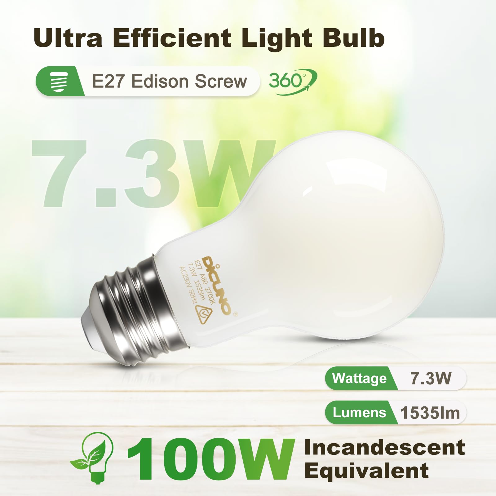 DiCUNO E27 Edison Screw Light Bulb, 7.3W (100W Equivalent), Glass Filament Bulb A60, Energy Efficient A Class LED, 2700K - Image 3