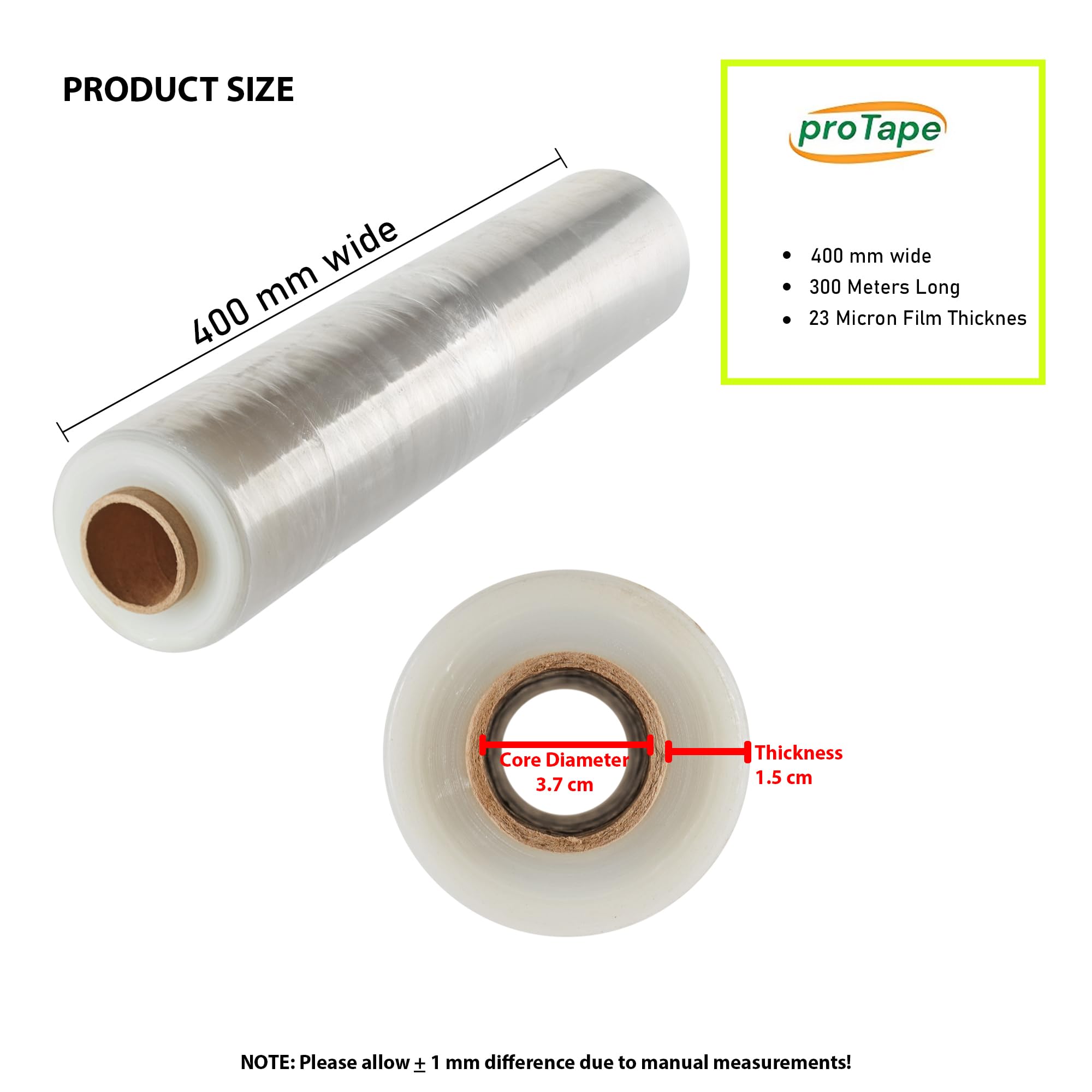 Rouleau de film étirable pour palettes – Film industriel très résistant 400 mm x 300 m x 23 microns – Rouleau d'emballage plastique transparent pour bagages, déménagement, meubles, colis – Lot de 1