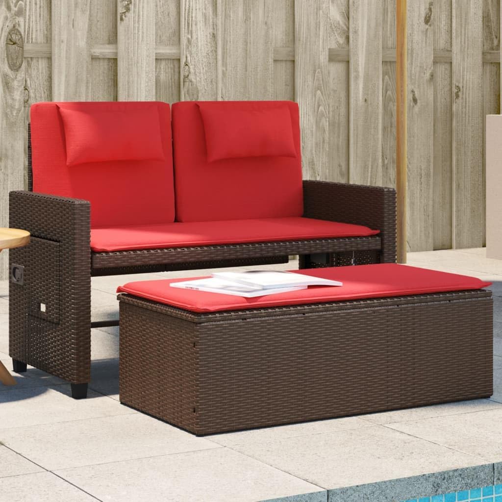Convertible Garden Loveseat 2-Seat Outdoor Sofa Bed, 48 x 23 in Weather-Resistant Brown & Red Rattan Frame with Adjustable Arms for Patio, Balcony and Front Porch