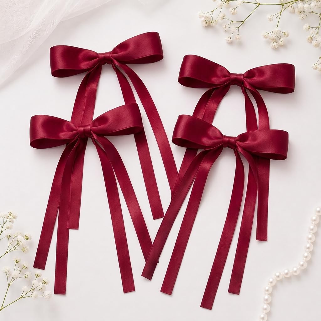 4-Pack Satin Hair Bow Clips for Women & Girls, Long Tail Ribbon Hair Barrettes, Elegant Hair Accessories for Ponytails, Half-Up Hairstyles - 4 Maroon-image-17