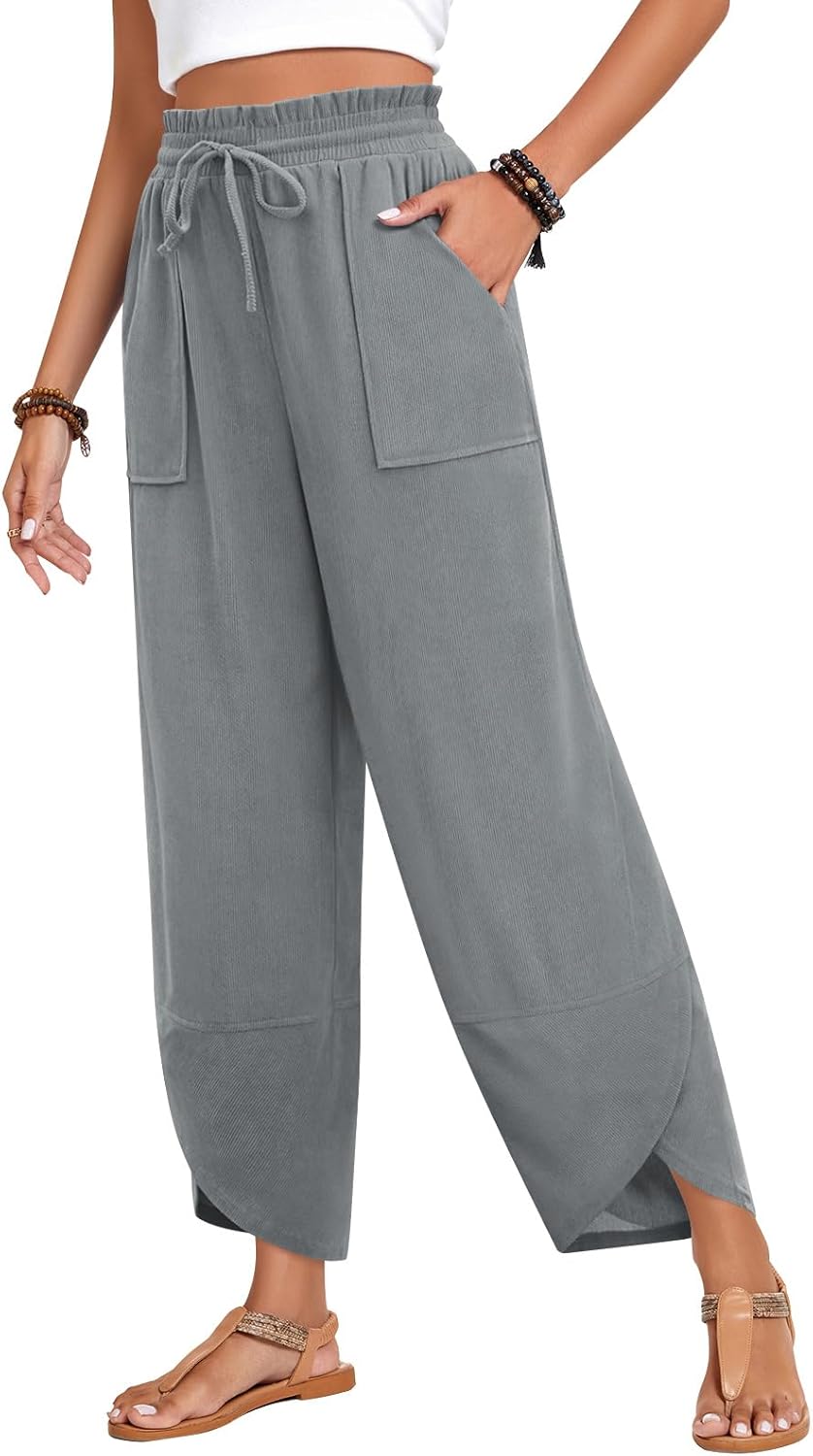 Anyhold Womens Baggy High Waisted Wide Leg Lounge Pants Drawstring Casual Palazzo Pants Trousers with Pockets