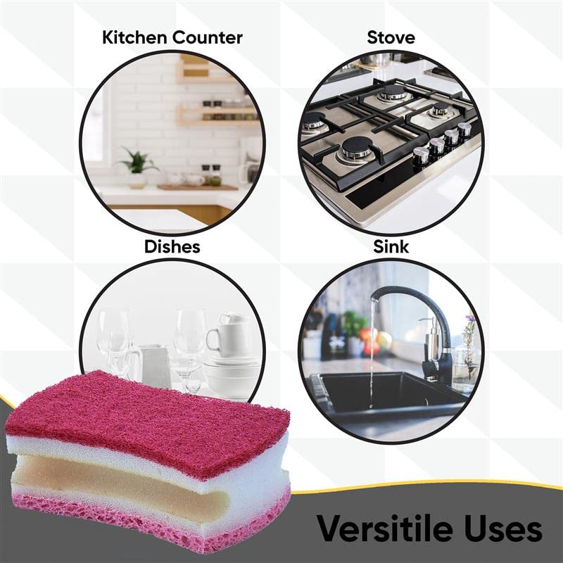 Image of Non-Scratch Scrub Sponge with A Comfortable Grip, Heavy Duty Duel Sided Kitchen Scrubber Sponge Cellulose Scrub Sponge, Scratch Free, with Scouring Pad Set, 1 Sponge,Red /Pink