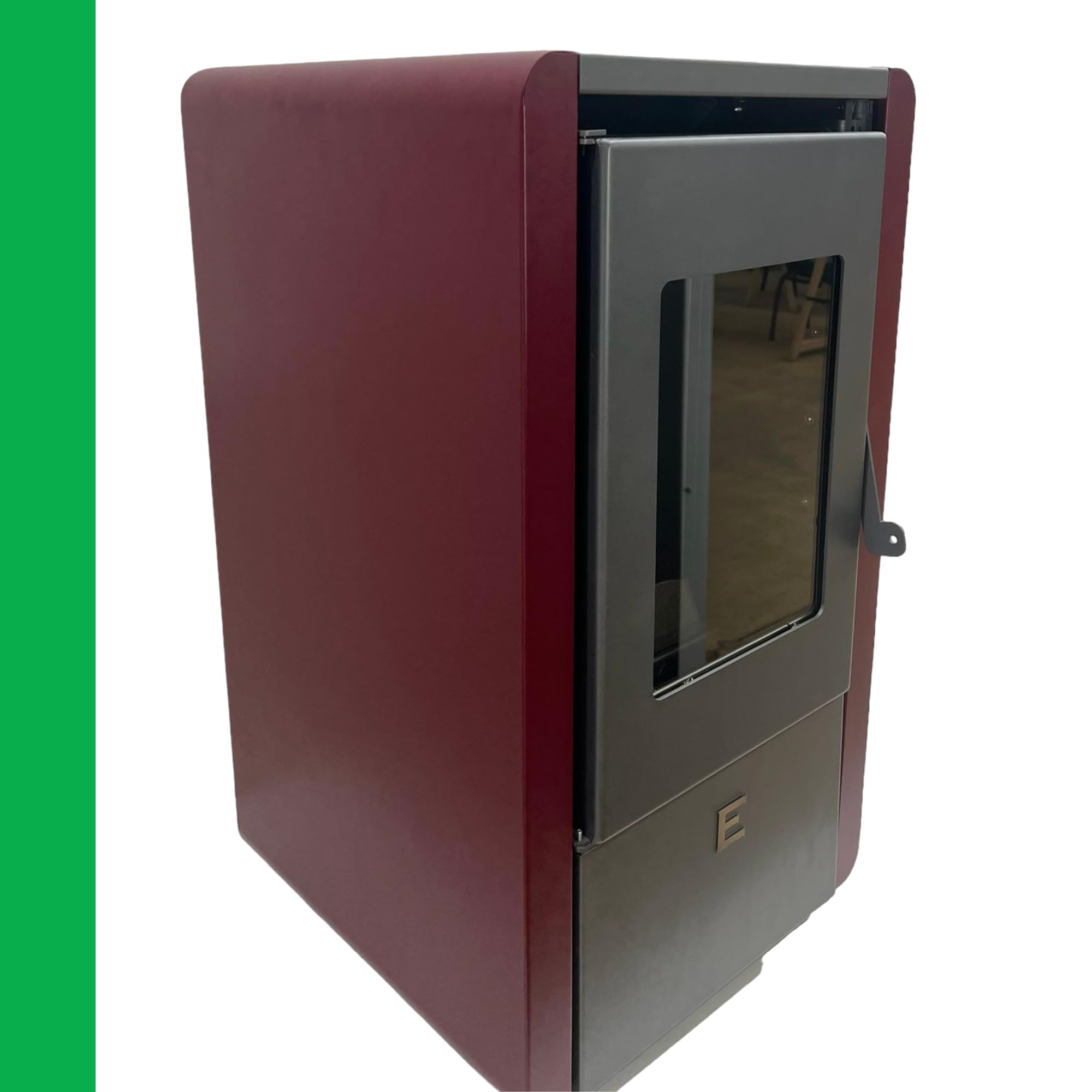 EIDER BIOMASA Stufa a pellet PETIT 6,5 kW a risparmio energetico, capacità serbatoio 13 kg, camera doppia, sistema in vetro pulito, automatico, super riscaldamento, 110 m³, colore: bordeaux