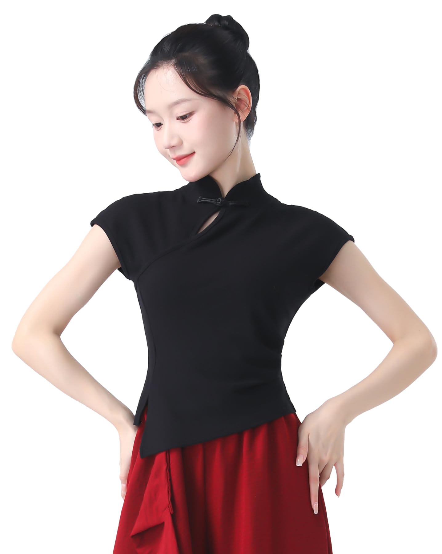 Angcoco Women's Chinese Mandarin Collar Cap Sleeve Cheongsam Top Black