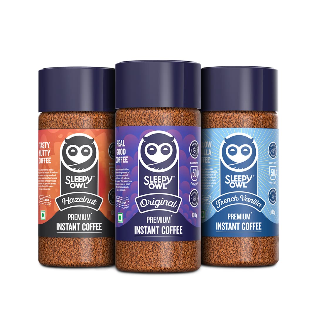 Sleepy Owl Instant Coffee Powder Pack of 3 | Premium Combo - Original, Hazelnut, French Vanilla | 100% Arabica Beans | Delicious Assorted Flavours | Ready in Seconds | Makes 150 cups | 100gm Each (B09NFMLBZ2) Amazon Price History, Amazon Price Tracker