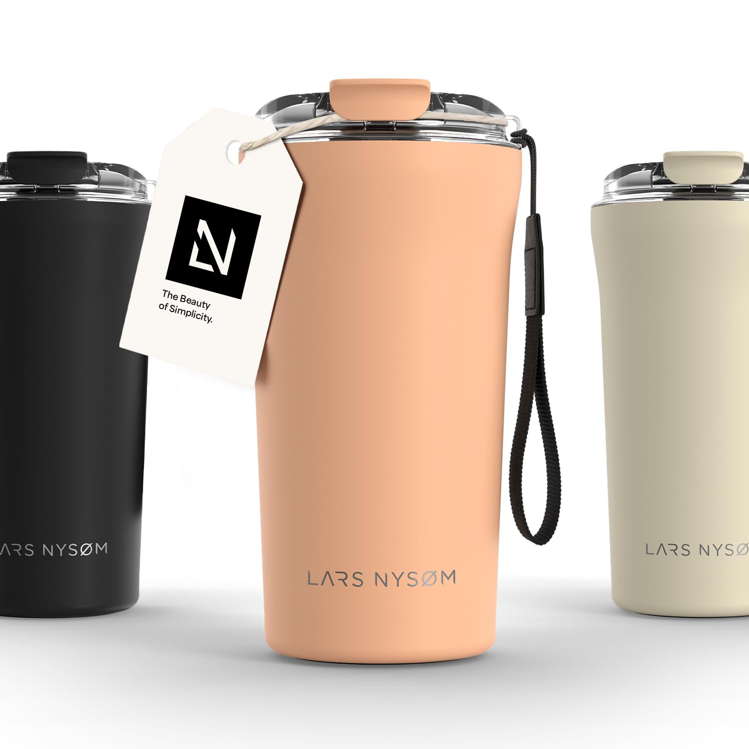 Lars NysØM Tazza Termica Per Caffè Thermo Coffee Mug-To-Go Con Cinturino & Coperchio In Tritan 500Ml | Tazza Da Viaggio 0,5 Litri Con Isolamento | Per Caffè E Tè (Creamy Peach, 500Ml)-image