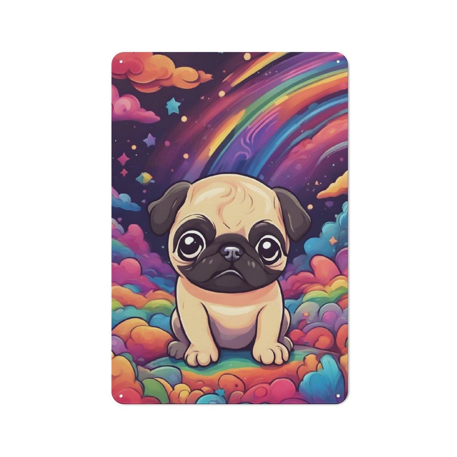 Junmoney Colorful Cute Pug For Café Or Restaurant, Vintage Metal Sign 30X20cm, For Vintage Wall Decor Fans, For Cafés, Pubs And Restaurants