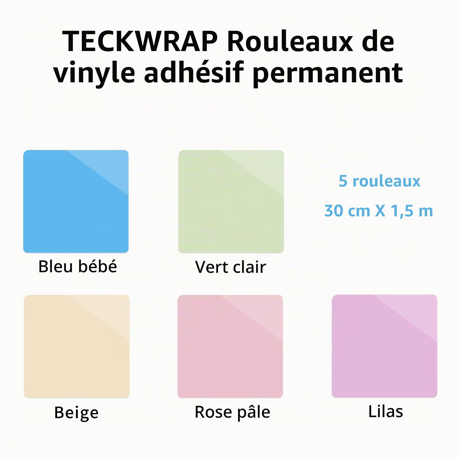 TECKWRAP Lot de 6 rouleaux de vinyle adhésif permanent pour Cricut, Silhouette, Cameo, cutters, panneaux, scrapbooking, loisirs créatifs, intérieur et extérieur, 30,5 cm x 1,5 m, couleur claire