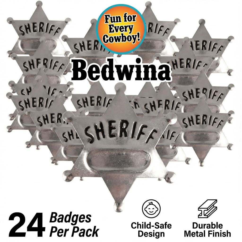 Bedwina Metal Sheriff Badges - (Pack of 24) Silver Star Name Badges with Stickers for Personalized Names, Western Cowboy Dress Up Deputy's Badge Toys for Kids Birthday Party Favors, Giveaways & More