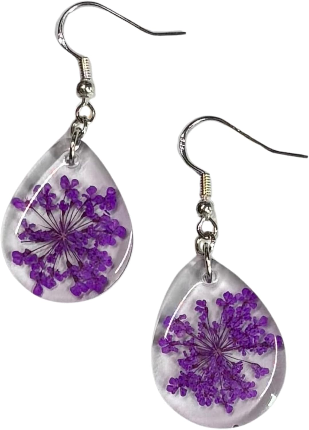 Handmade Medium Pressed Flower Teardrop Earrings, 4.5 cm Length, Clear Resin, Silver or Gold Hooks