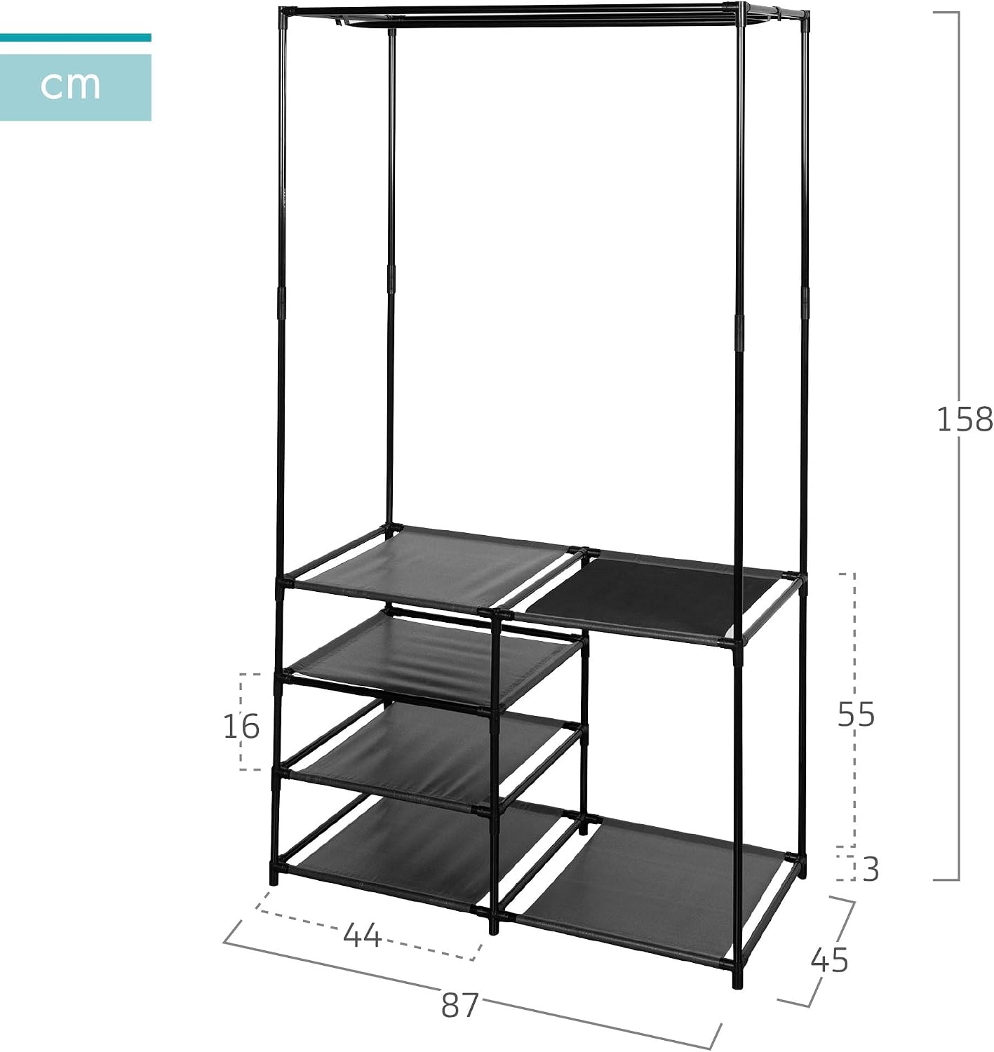 AKTIVE MAX Home Open Wardrobe, 87 x 45 x 158 cm, with Coat Rack and 4 Shelves, Steel, Max. 11 kg, Dressing Room, Bedroom, Bedroom Wardrobes, Storage Shelves, Clothes Organizer (18436)