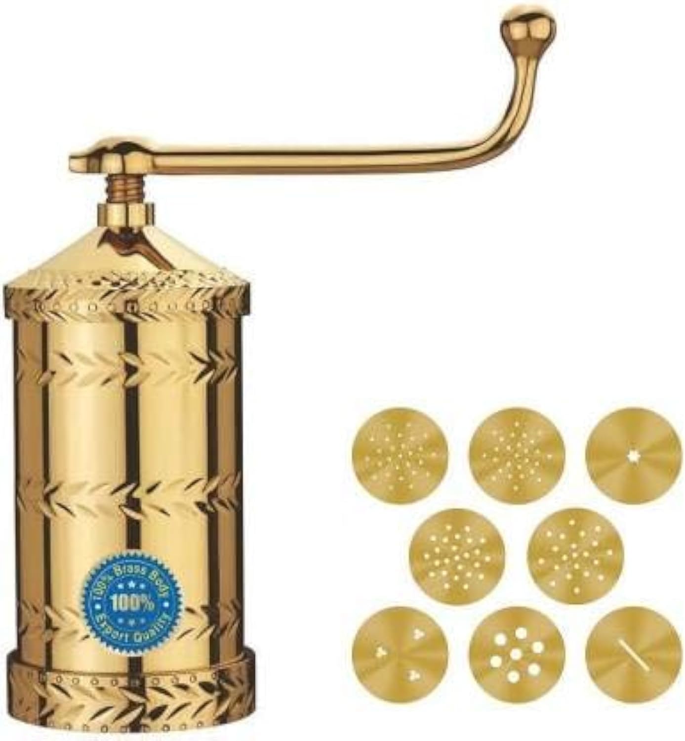 Whizzo Pure Brass 800gm Sev Sancha Machine with Free 8 Different Jali for Making Different Types of Sevaiya, Sev, Gathiya Murukku, Chakli, Bhujia Etc (800GM, Diamond)