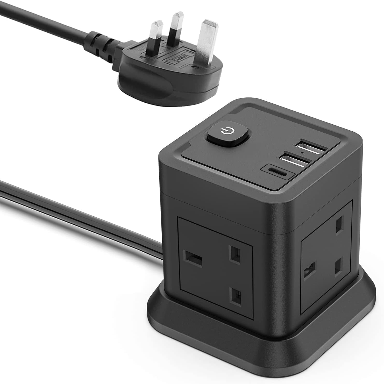 Cube Extension Lead with USB, 4 Way Power Strip with 3 USB Ports (5V/2.4A) BEVA UK Power Socket with Switch 1.5M Extension Cords for Home, Office, Travel, Dorm Room (Black)